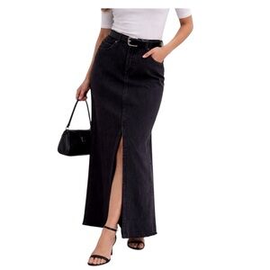 NA-KD High Rise Denim Maxi Skirt Front Slit Dark Wash Size 40